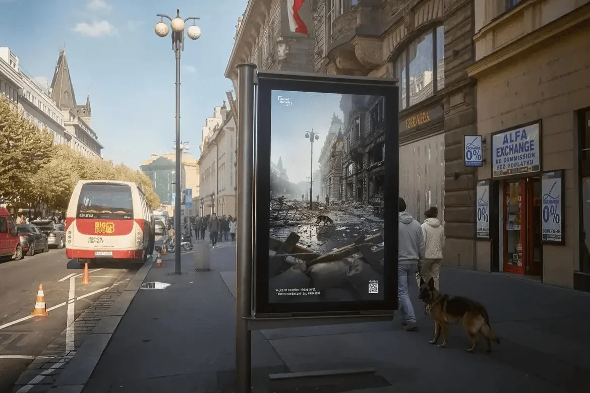 Billboards depicting war-torn streets have been installed in Prague Billboards depicting war-torn streets have been installed in Prague