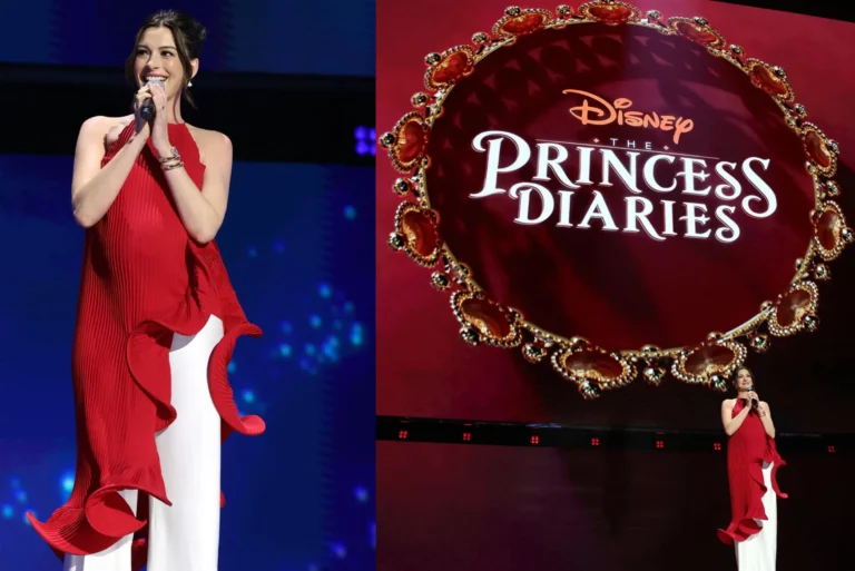 Anne Hathaway appeared at the Disney Entertainment Showcase in a J’amemme dress