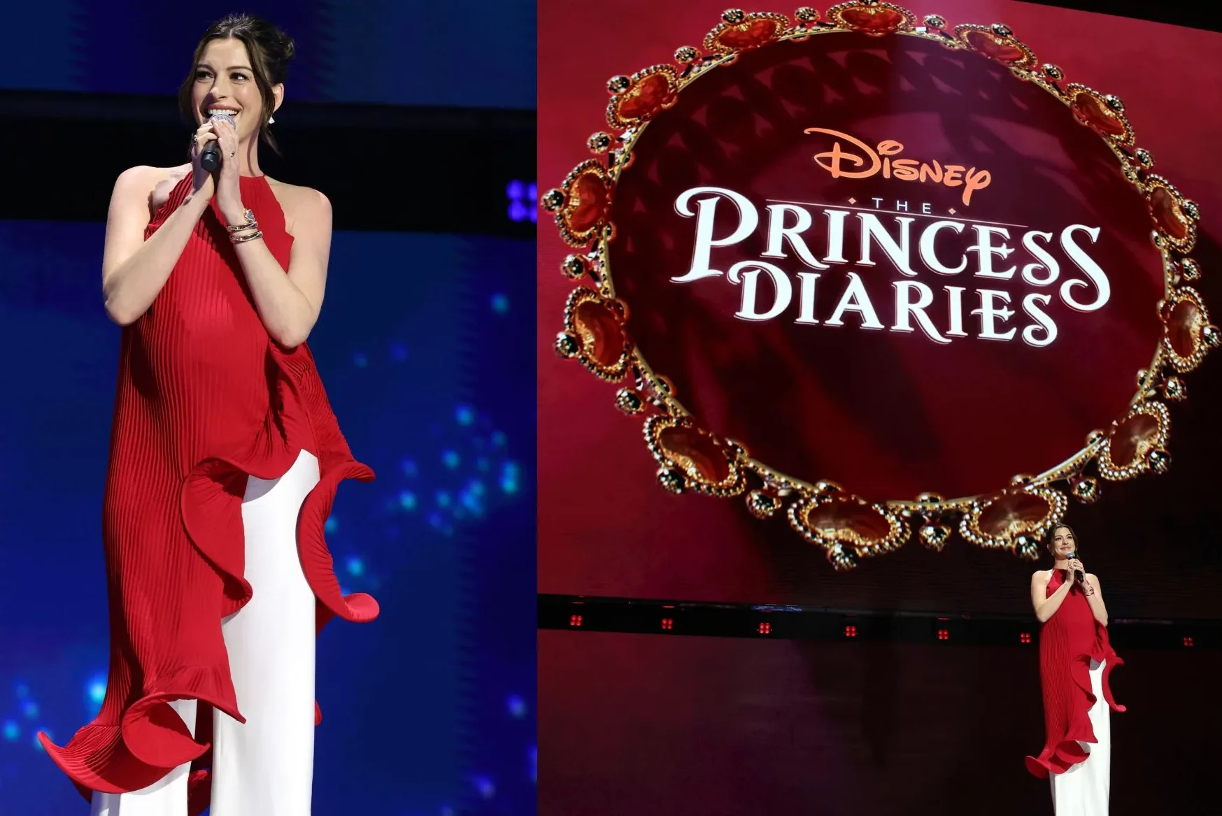 Anne Hathaway appeared at the Disney Entertainment Showcase in a J’amemme dress